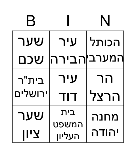 יום ירושלים Bingo Card