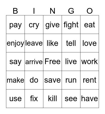 Verbs in English Bingo Card
