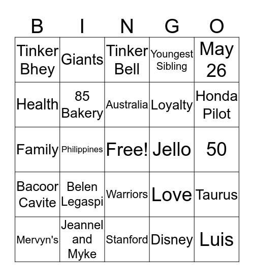 Tinker Bhey's 50th Birthday Bingo! Bingo Card