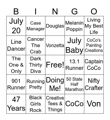 Vonzetta's Birth Month Bingo Card