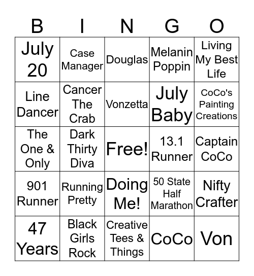 Vonzetta's Birth Month Bingo Card