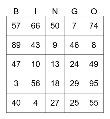 NUMBER Bingo Card