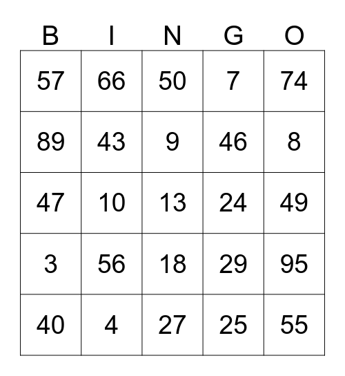 NUMBER Bingo Card