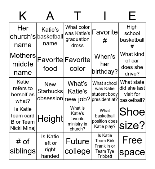 All About Katie ! Bingo Card