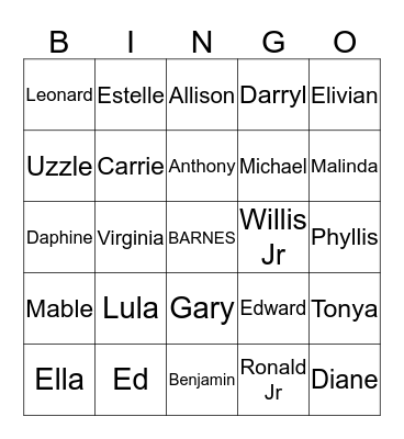 Barnes Family Reunion Bingo Card