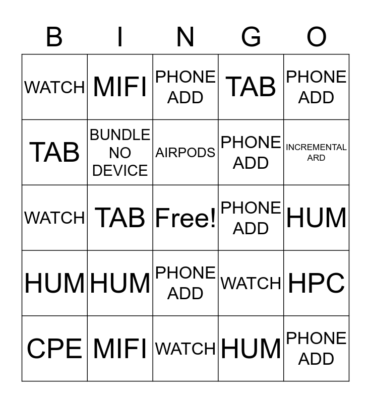 PULL THRU BINGO Card