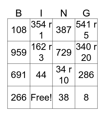 Long Division Bingo Card