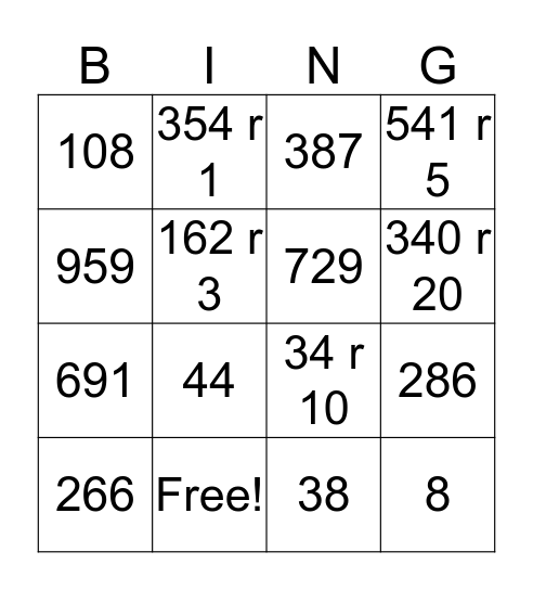 Long Division Bingo Card
