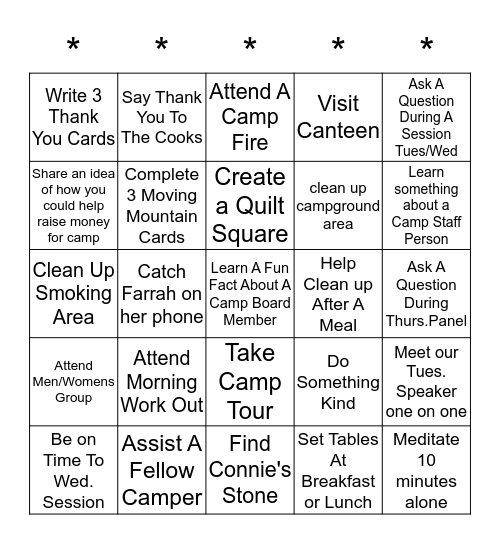 Camp Benedict 2019 - Moving Mountains Bingo Card