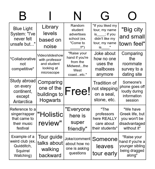 College Tour Bingo Card