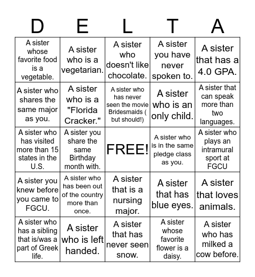 Delta Delta Delta Bingo  Bingo Card