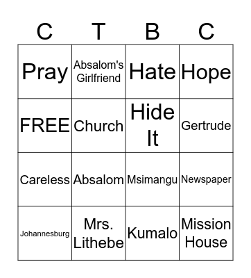 CRY THE BELOVED COUNTRY (CHAPTER 27) Bingo Card