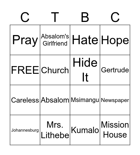 CRY THE BELOVED COUNTRY (CHAPTER 27) Bingo Card