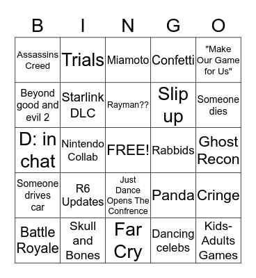 Ubisoft E3 2019 Bingo Card