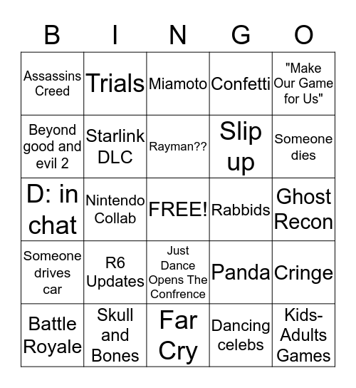 Ubisoft E3 2019 Bingo Card