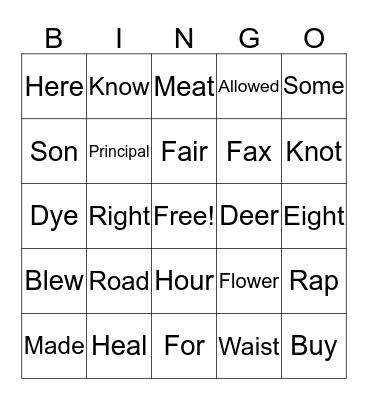 Homophones Bingo Card