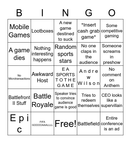 EA E3 2019 Bingo Card