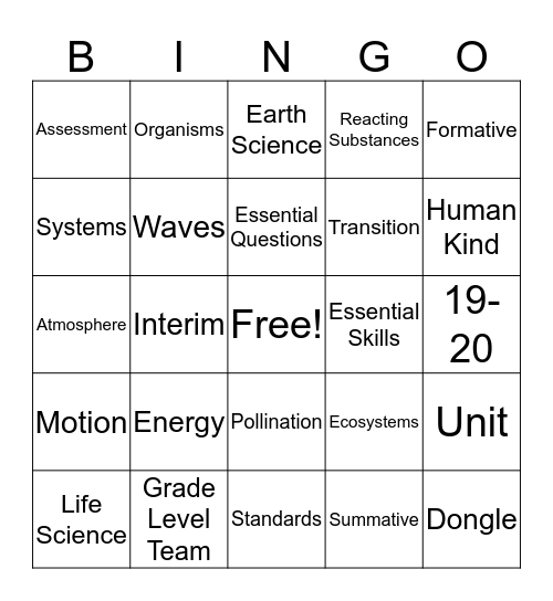 Standards Bingo Card