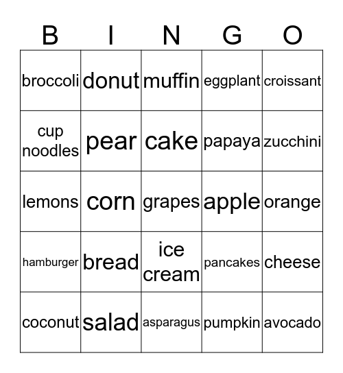 Food 1 Bingo Card