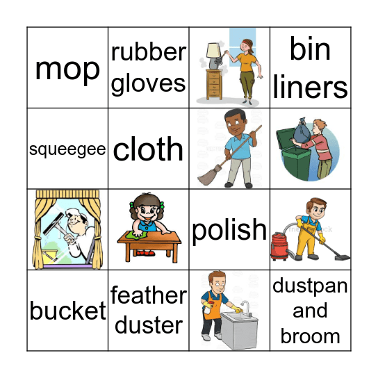 Cleaning verbs and equipment Bingo Card