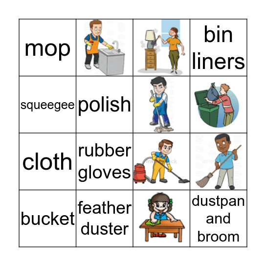 Cleaning verbs and equipment Bingo Card