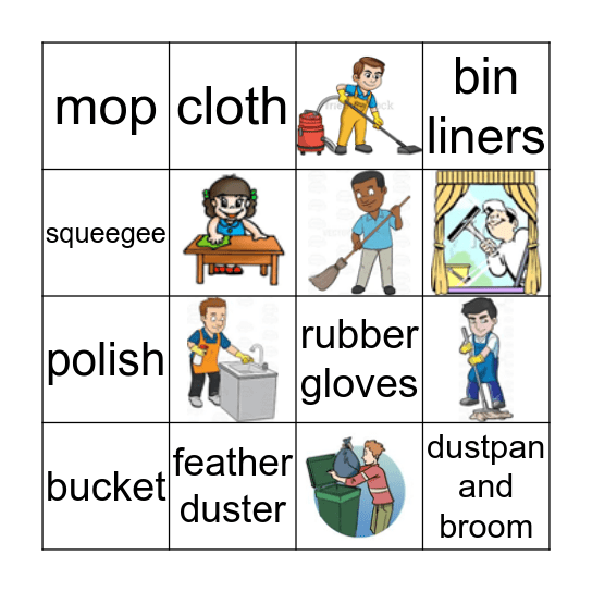 Cleaning verbs and equipment Bingo Card