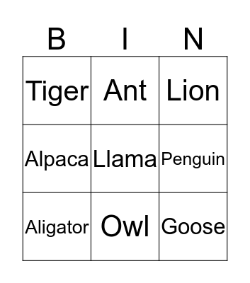 Animals Bingo Card