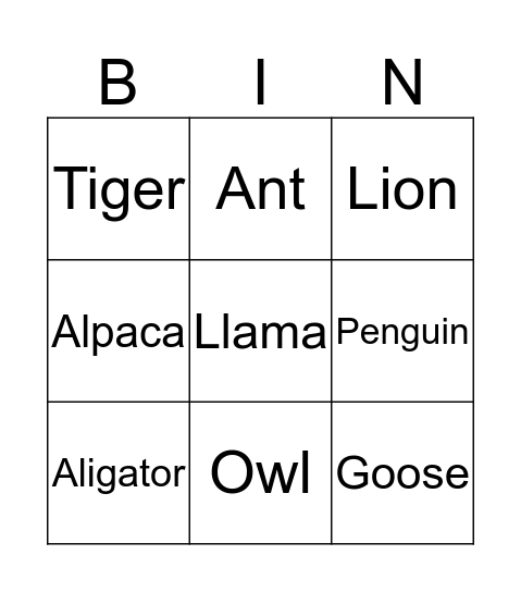 Animals Bingo Card