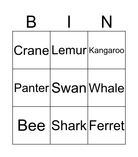 Animals Bingo Card