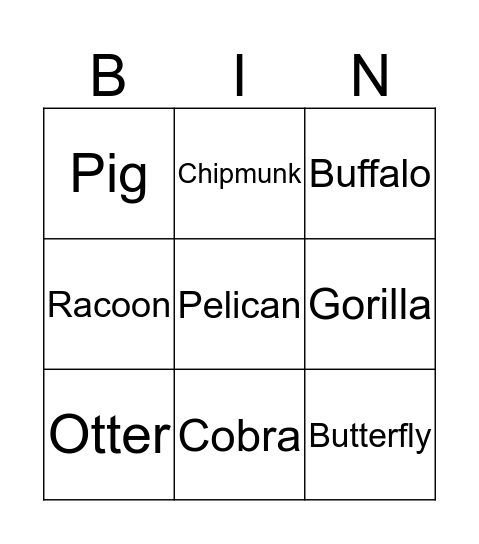 Animals Bingo Card