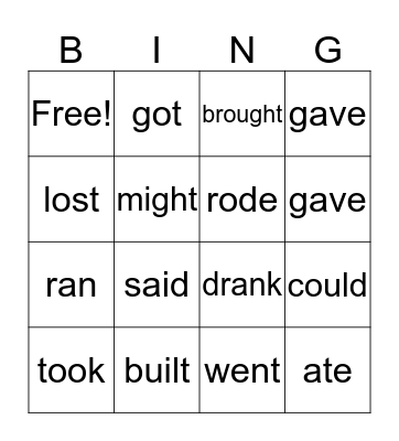 Irregular Verbs Bingo Card