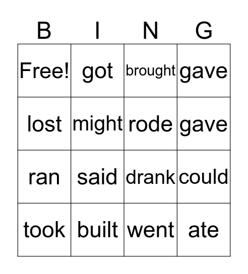 Irregular Verbs Bingo Card