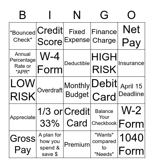 Personal Finance Class Review  Bingo Card