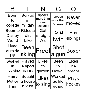 Fill the card. Can not use same name more than twice. Bingo Card