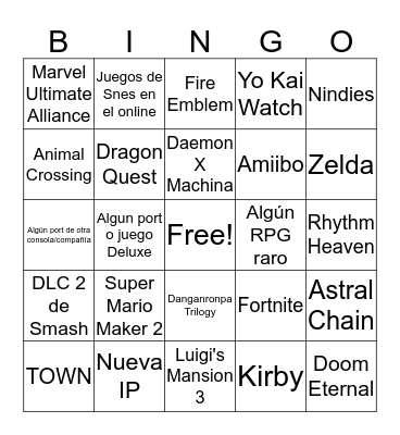 E3 2019 Nintendo Bingo Card