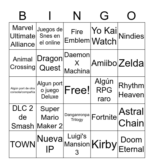 E3 2019 Nintendo Bingo Card