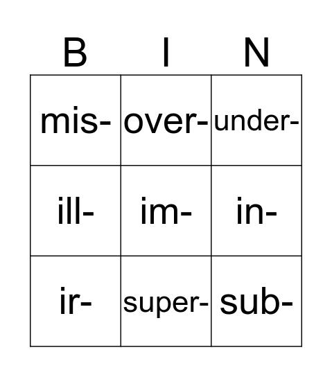 Prefix bingo Card
