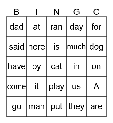 Sight Words Bingo Card
