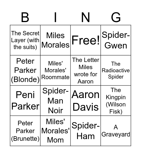Spider-Man : Into the Spider Verse Bingo Card