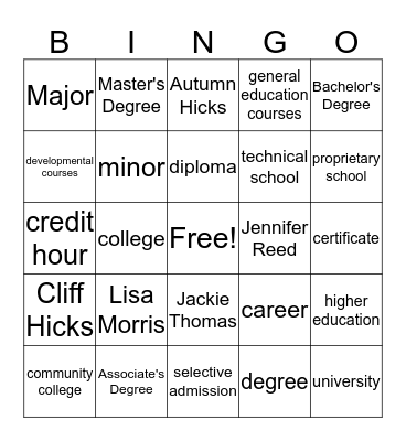 Next Step Vocab Bingo Card