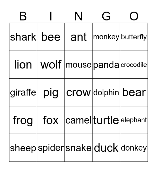 Animals Bingo Card