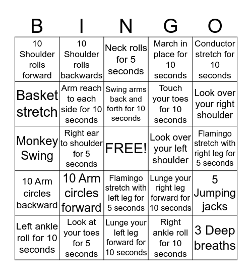 Stretch Bingo Card