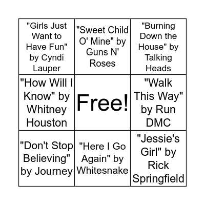 1980's Hits Bingo Card