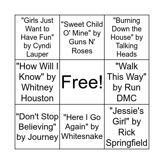 1980's Hits Bingo Card