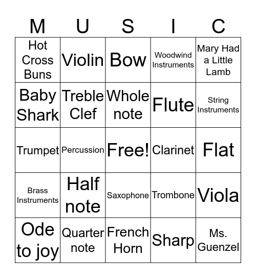 Instrumental Music Bingo! Bingo Card