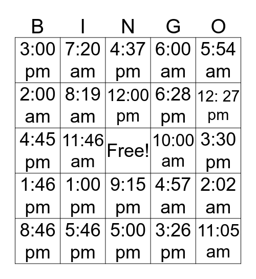 Telling Time Bingo Card