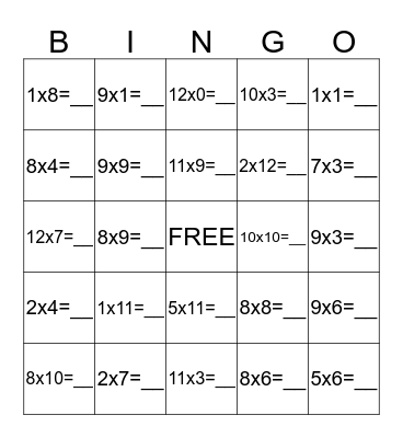 Multiplication Bingo Card