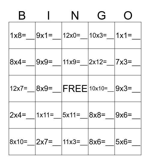 Multiplication Bingo Card