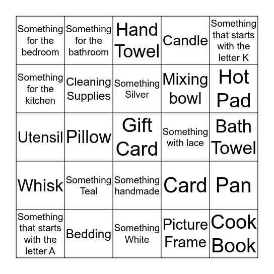 Bridal Gift Bingo Card