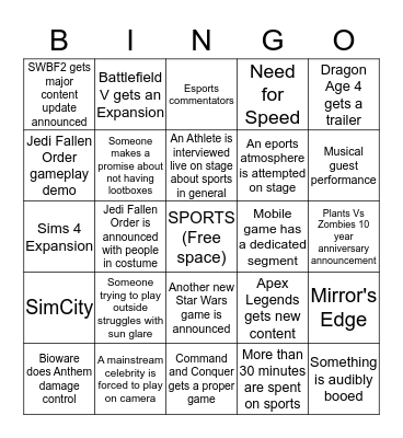 EA E3 2019 Bingo Card